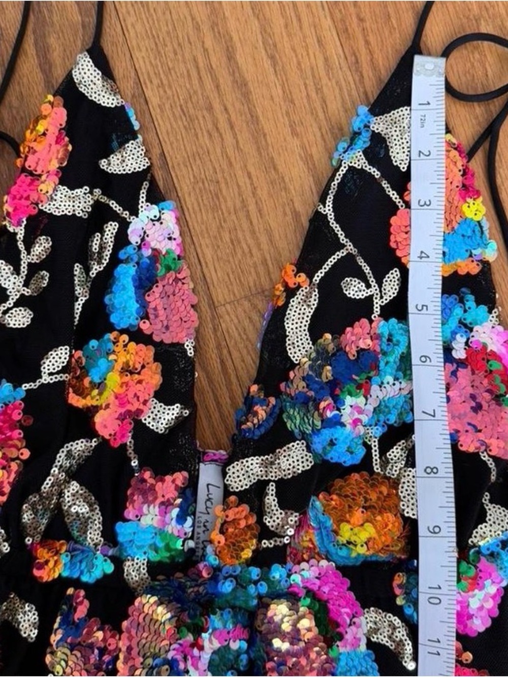 Floral sequin mini dress with adjustable straps. - Picture 3 of 6